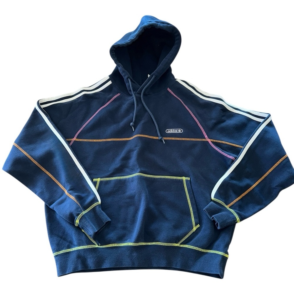 Men’s Adidas Navy Colorful Stitch Drawstring Hoodie Sweatshirt M